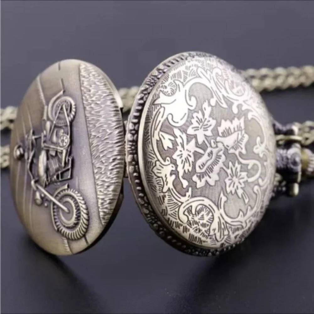 Pocket Watch Motorcycle Skeleton Biker Steampunk Chain Quartz Analog Retro Gift
